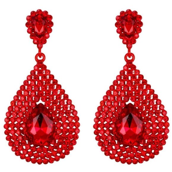 Red with Ruby Red Crystal Hollow Teardrop Chandelier Post Back Drop Earrings - Picture 1 of 4